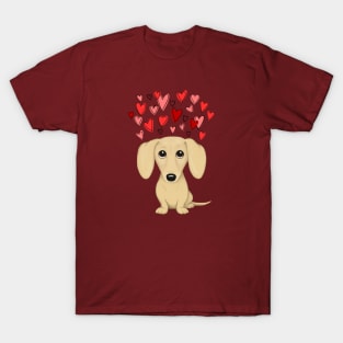 Cream Dachshund | Cute Wiener Dog with Valentine Hearts T-Shirt